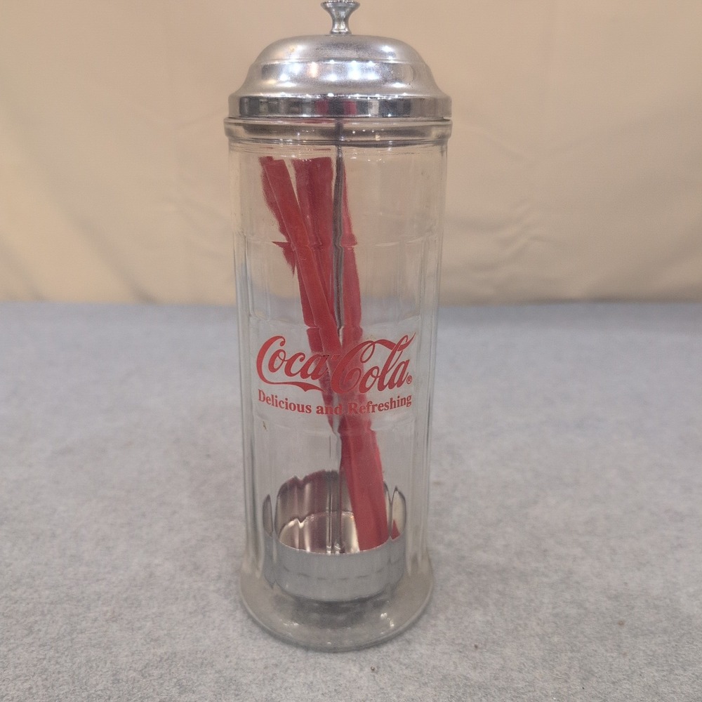 Coca-Cola Glass Straw Dispenser Chrome Lid Vintage Soda Fountain Style - Picture 1 of 7